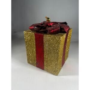 Handmade Vintage Christmas Gift Present Gold Red Decor Holiday Glitter Bow